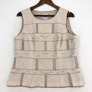 R&M Richards Women's Size 12 Beige Embroidered Round Neck Sleeveless Blouse
